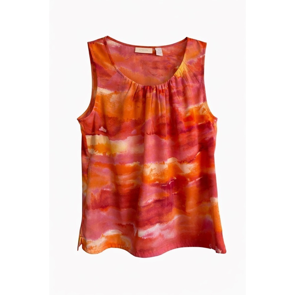 Chico's Sunset Watercolor Blouse Size 1 Medium Orange Pink Sleeveless Silky Top
